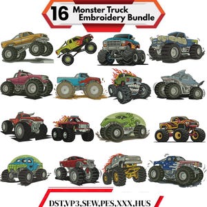 Może przedstawiać: Kolekcja 16 wzorów haftu monster truck w różnych kolorach i stylach. Projekty obejmują ciężarówki z płomieniami, płetwami rekina i innymi unikalnymi cechami. Tekst "Monster Truck Embroidery Bundle" jest wyświetlany u góry.