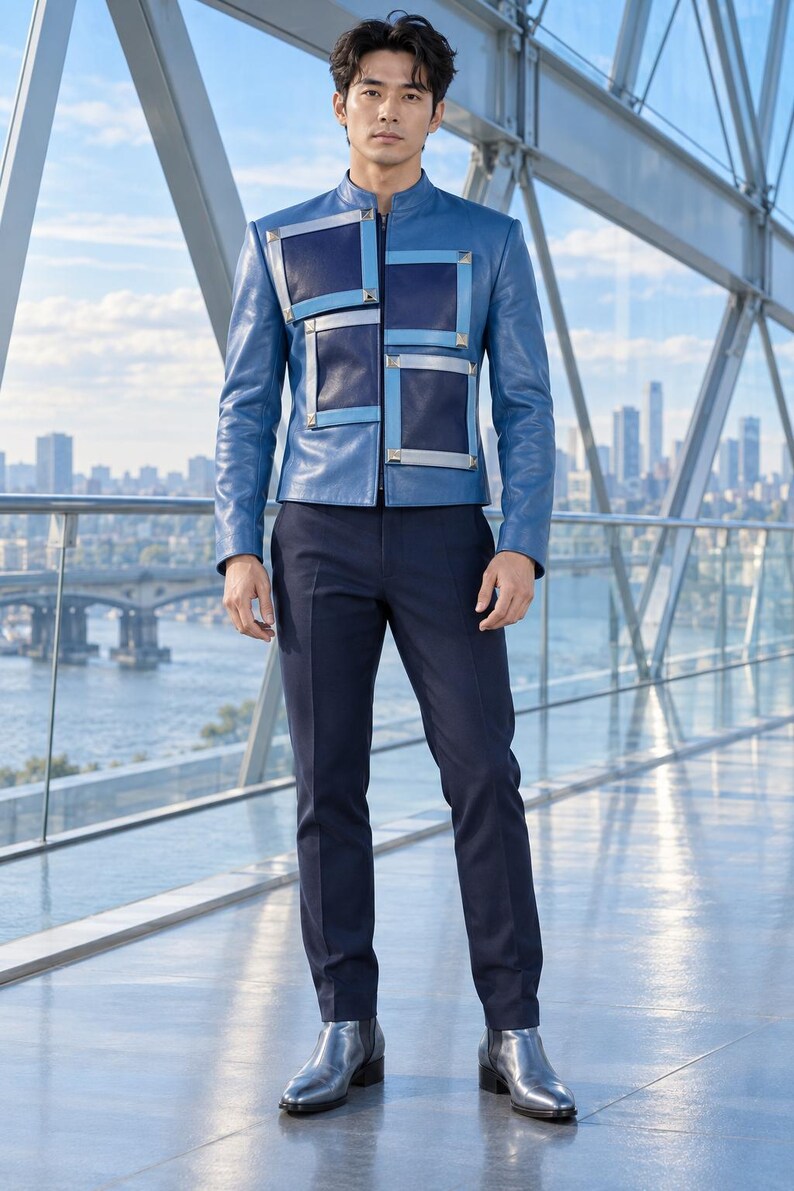 Unisex Azure Blue Leather & Dark Navy Frame Jacket, Moto Coat With ...