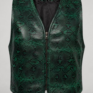 Unisex Snakeskin Leather Vest, Zip Up Python Print Biker Waistcoat, V Neck Sleeveless Leather Jacket, Navy Blue Emerald Green