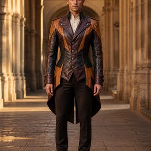 Men's Leather Tailcoat, Multicolor Angular Steampunk Jacket, Victorian Gothic Swallowtail Coat, Renaissance Fantasy Cosplay Costume Jacket