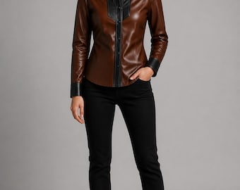 Chemise unisexe en cuir western à boutons-pression, bicolore noir et marron, style surchemise, empiècement western, manches longues
