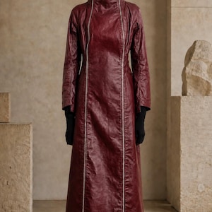 Long Leather Trench Coat Women Men, Burgundy Black Maxi Dress Coat, Gothic Punk Zipper Duster Jacket, Avant Garde Streetwear Unisex Outfit