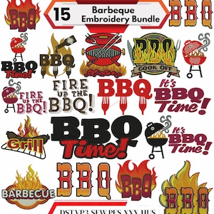 May include: A collection of 15 barbecue-themed embroidery designs. The designs include the word "BBQ" in various styles, along with images of grills, flames, and the text "BBQ Time!" and "Cook Off".