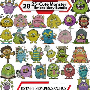 May include: A collection of 28 cute monster embroidery designs. The designs feature various colorful monsters with different expressions and styles. The text "25+ Cute Monster Embroidery Bundle" is displayed at the top. The image also includes file format information: DST, VP3, SEW, PES, XXX, HUS.