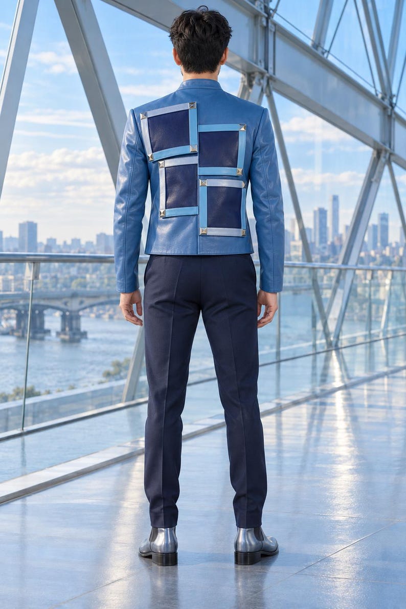Unisex Azure Blue Leather & Dark Navy Frame Jacket, Moto Coat With ...