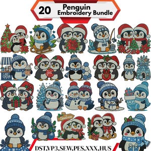 May include: A bundle of 20 penguin embroidery designs. The penguins are shown in winter settings, wearing hats and scarves, and holding gifts. The designs include the text "Penguin Embroidery Bundle" and "Christmas". The image also includes the text "HOT COCOA".