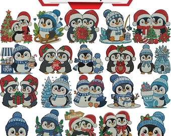 Baby Christmas Penguin Embroidery Design, Floral Mini penguin, Emperor penguin, Gentoo penguin, Winter penguin, Machine Embroidery Design