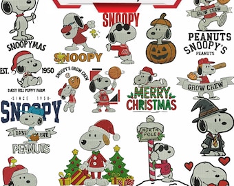 Julbroderi med Snoopy, hundbroderi, tecknad valpbroderi, Halloweenbroderi, maskinbroderidesign