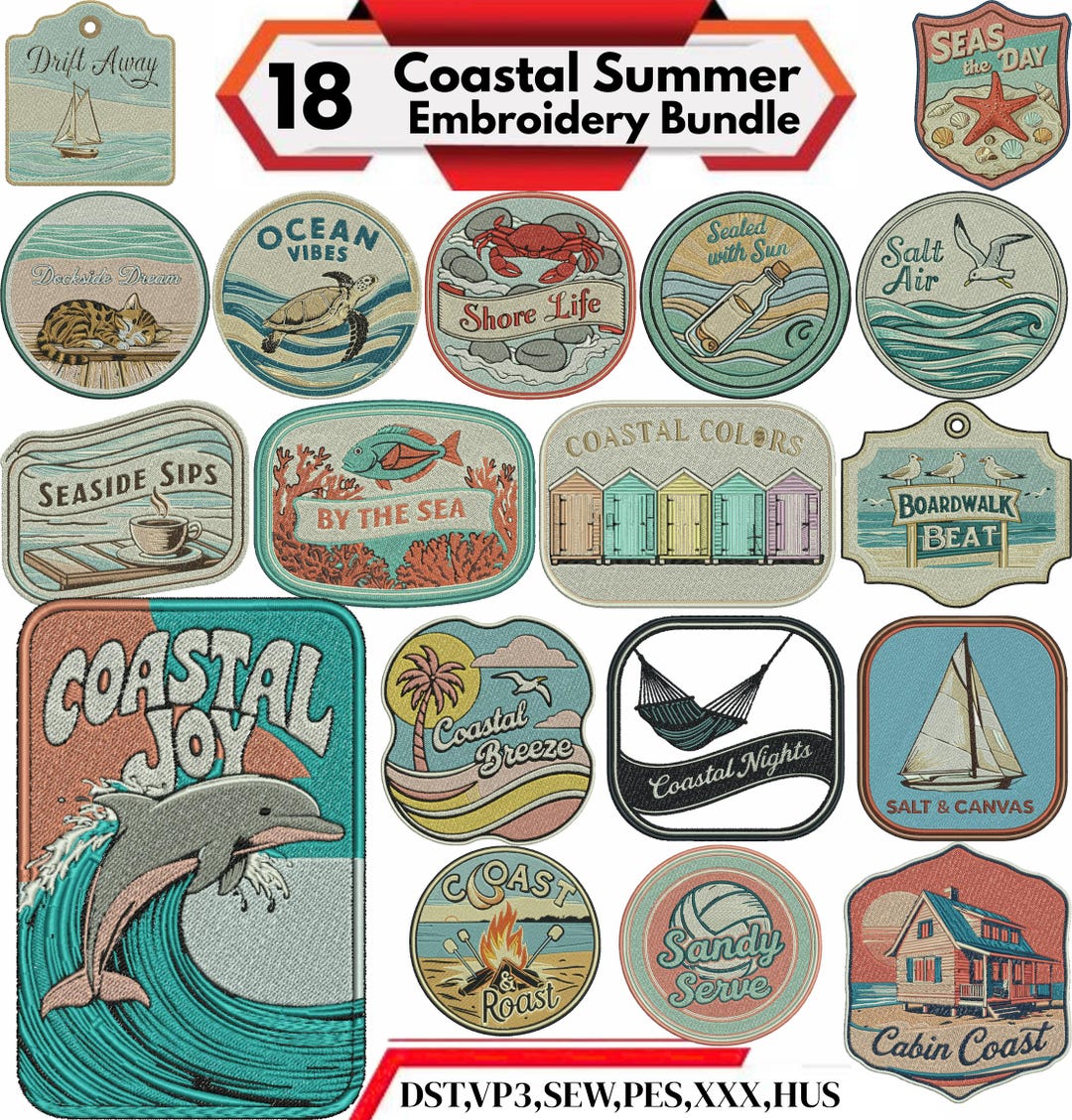 Coastal Summer Embroidery Bundle, Beach Embroidery Designs, Ocean Vibes ...