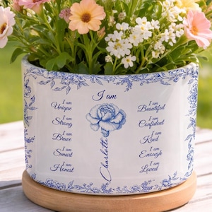 Personalized Affirmation Plant Pot, I Am Beautiful Confident Loved Gift, Toile de Jouy Ceramic Planter, Custom Name Gift for Her Friend