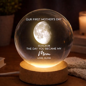 Första mors dag månlampa, personlig månfaslampa med datum och namn, present till nybliven mamma, personlig nattlampa för mamma