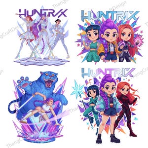 Peut inclure: Quatre créations d'art numérique avec le mot "HUNTRIX" dans une police futuriste. Les designs présentent des personnages féminins stylisés avec des cheveux et des tenues vibrantes, dont un tigre bleu et un groupe de trois filles avec des étoiles.