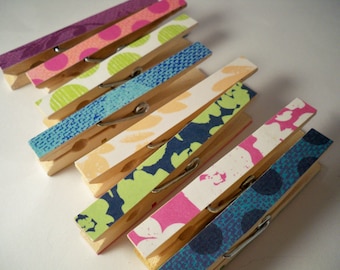 Clothespins. Set of 8 BRIGHT. Memo Clips. Pegs. Pins. Homework. Home Office. Kitchen. Chip Clip. Gift Wrapping.