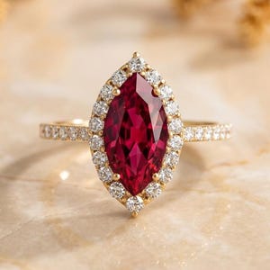 Marquise Cut Ruby & Moissanite Halo Ring, Ruby Engagement Ring, Moissanite Pave Set Band Ring, July Birthstone Anniversary Ring Gift for Her
