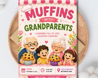 Flyer „Donuts mit Großeltern“, editierbare Einladung zum Großelterntag-Frühstücksbrunch mit Muffins, Frühstücks-Treffen für Großeltern