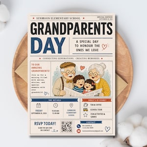 May include: A Grandparents Day event flyer for Sunmoon Elementary School on September 20, 2026. The flyer features a cartoon illustration of grandparents with two children, event details, a QR code, and contact information in blue, red, and cream.