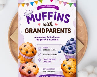 Flyer „Donuts mit Großeltern“, editierbare Einladung zum Großelterntag-Frühstücksbrunch mit Muffins, Frühstücks-Treffen für Großeltern