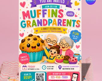 Flyer „Donuts mit Großeltern“, Frühstücksparty mit Muffins für Großeltern, Einladung zum Frühstücksbrunch am Großelterntag (bearbeitbar)