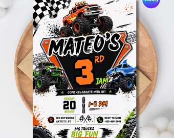 Monster Truck Geburtstagseinladung – Bearbeitbare Canva-Vorlage, Monster Jam Partyeinladung, Rennsport-Geburtstag, Jungen-Geburtstag – Sofort-Download