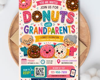 Flyer „Donuts mit Großeltern“, editierbare Einladung zum Großelterntag-Frühstücksbrunch mit Muffins, Frühstücks-Treffen für Großeltern
