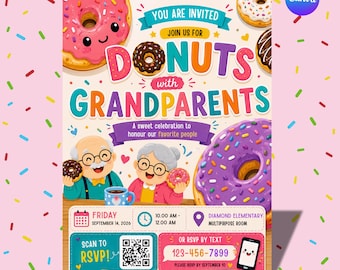 Flyer „Donuts mit Großeltern“, Frühstücks-Treffen für Großeltern, Bearbeitbare Einladung zum Großelterntag-Frühstücksbrunch (Canva-Vorlage)