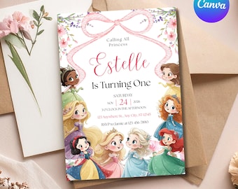 Bearbeitbare Prinzessin Geburtstagseinladung, Mädchen Thema, Canva Vorlage (Digitaler Download)