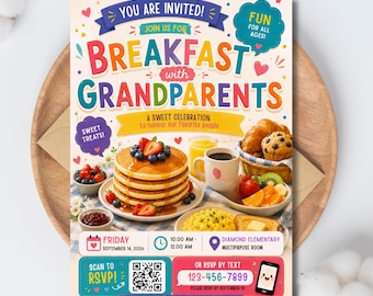 Flyer zum Großelterntag, Großelterntag-Frühstück, Großelterntag in der Schule, Einladung zum Ausdrucken, Digitaler Flyer, Spendenaktion der Schule