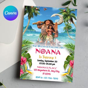 Puede incluir: Una colorida invitación con personajes de la película animada Moana. La invitación incluye el texto "The Ocean is Calling You!" y detalles para una fiesta de cumpleaños, incluyendo el nombre "Noana", fecha, hora y lugar.