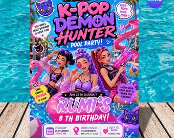 K-pop Demon Hunters Birthday Invitation | Editable Canva Template | Huntrix Golden | Kpop Pool Party Invitation