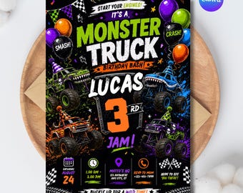 Monster Truck Geburtstagseinladung – Bearbeitbare Canva-Vorlage, Monster Jam Partyeinladung, Rennsport-Geburtstag, Jungen-Geburtstag – Sofort-Download