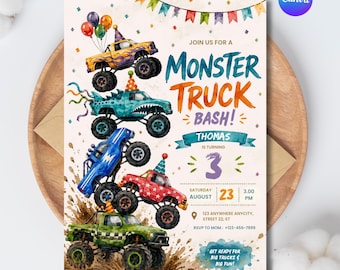 Monster Truck Geburtstagseinladungsvorlage, bearbeitbare Canva Invite, 5x7 & Mobile, Truck-Party-Einladung, Sofort-Download