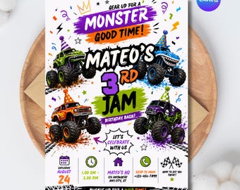 Monster Truck Geburtstagseinladung – Bearbeitbare Canva-Vorlage, Monster Jam Partyeinladung, Rennsport-Geburtstag, Jungen-Geburtstag – Sofort-Download