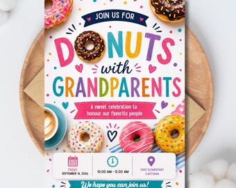 Flyer „Donuts mit Großeltern“, Frühstücks-Treffen für Großeltern, Bearbeitbare Einladung zum Großelterntag-Frühstücksbrunch (Canva-Vorlage)