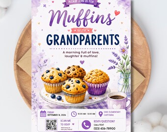 Flyer „Donuts mit Großeltern“, Frühstücksparty mit Muffins für Großeltern, Einladung zum Frühstücksbrunch am Großelterntag (bearbeitbar)