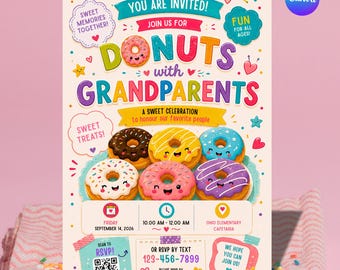 Flyer „Donuts mit Großeltern“, editierbare Einladung zum Großelterntag-Frühstücksbrunch mit Muffins, Frühstücks-Treffen für Großeltern