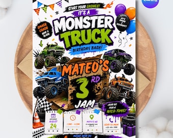 Monster Truck Geburtstagseinladung – Bearbeitbare Canva-Vorlage, Monster Jam Partyeinladung, Rennsport-Geburtstag, Jungen-Geburtstag – Sofort-Download