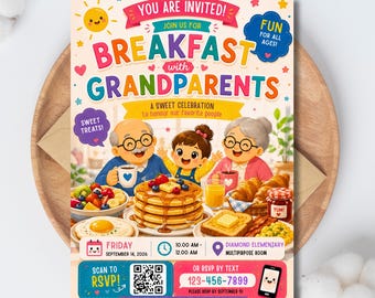 Flyer zum Großelterntag, Großelterntag-Frühstück, Großelterntag in der Schule, Schulspendenaktion, Einladung zum Ausdrucken, Digitaler Flyer