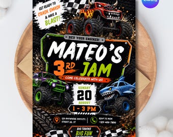 Monster Truck Geburtstagseinladung – Bearbeitbare Canva-Vorlage, Rennsport-Geburtstag, Monster Jam Party-Einladung, Jungengeburtstag, Sofort-Download
