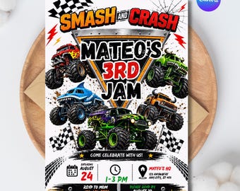 Monster Truck Geburtstagseinladung – Bearbeitbare Canva-Vorlage, Monster Jam Partyeinladung, Rennsport-Geburtstag, Jungen-Geburtstag – Sofort-Download