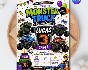 Monster Truck Geburtstagseinladung – Bearbeitbare Canva-Vorlage, Monster Jam Partyeinladung, Rennsport-Geburtstag, Jungen-Geburtstag – Sofort-Download
