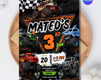 Monster Truck Geburtstagseinladung – Bearbeitbare Canva-Vorlage, Rennsport-Geburtstag, Jungen-Geburtstag, Monster Jam Party-Einladung, Sofort-Download
