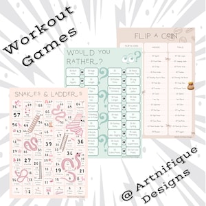 May include: Three workout game printables: "Workout Games" text, "Would You Rather?" with exercise options, "Snakes & Ladders" game board, and "Flip a Coin" exercise chart. All feature a pastel color scheme and the "@Artnifique Designs" logo.