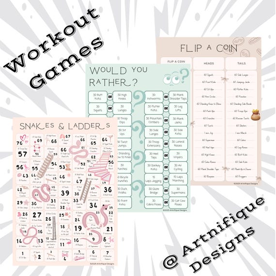 Printable Workout Games Bundle - Beginner to Advanced Fitness Tracker - Fun Exercise Games for Home - Snakes and Ladders, Flip a Coin, Would