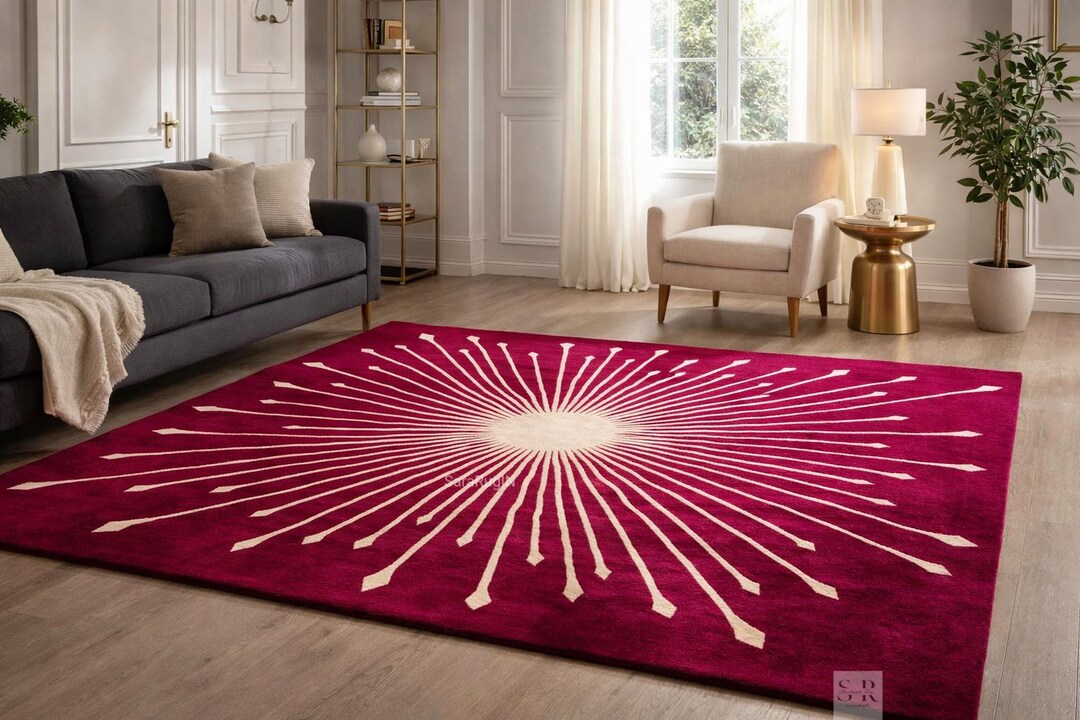 Red Tuft Rug Modern Hand Tufted Wool Rug | Burgundy Sunburst Area Carpet | Red ...