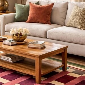 Pu&ograve; includere: Un salotto con un divano chiaro adornato da cuscini verdi, ruggine e beige fantasia. Un tavolino in legno espone libri e una ciotola decorativa. Un tappeto fantasia nei toni del rosso e crema completa l'ambiente accogliente.