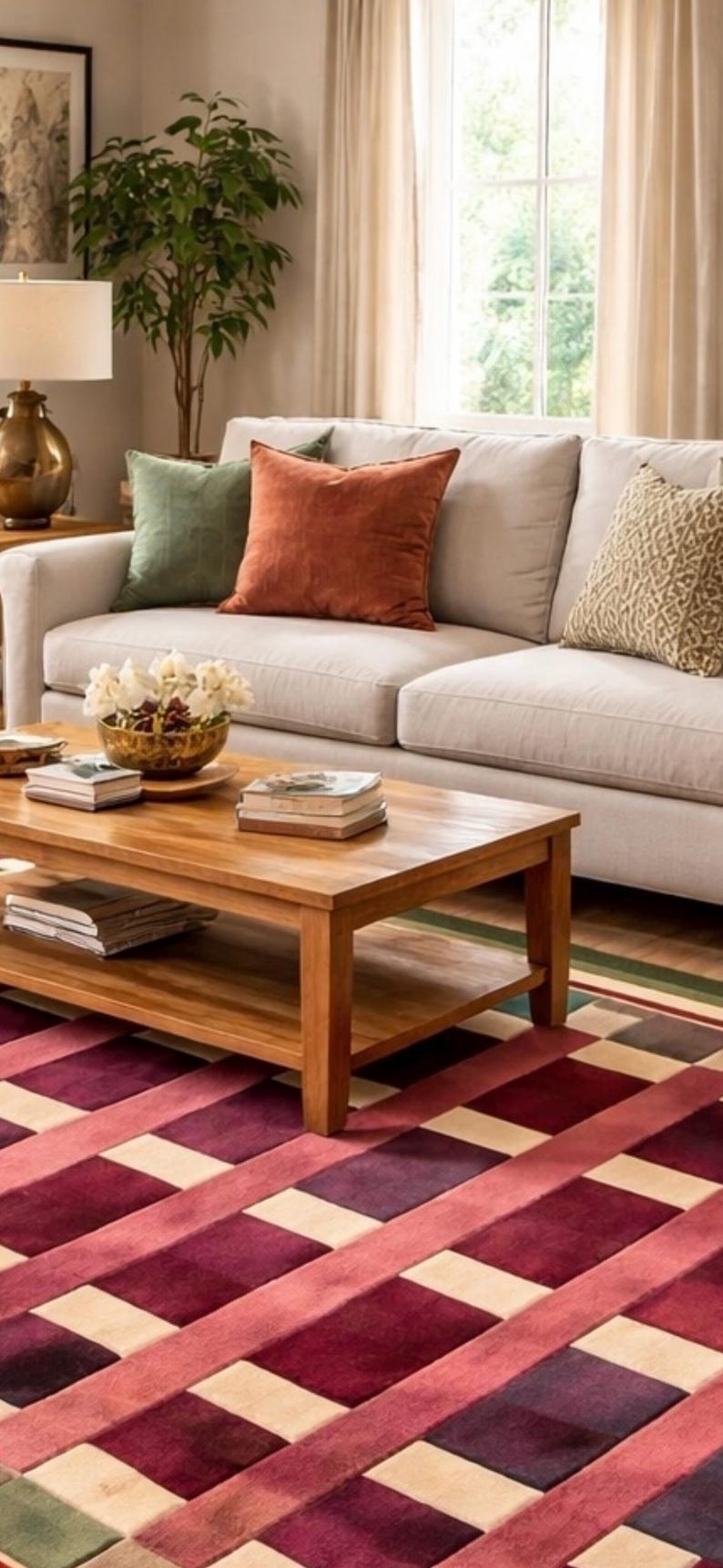 Pu&ograve; includere: Un salotto con un divano chiaro adornato da cuscini verdi, ruggine e beige fantasia. Un tavolino in legno espone libri e una ciotola decorativa. Un tappeto fantasia nei toni del rosso e crema completa l'ambiente accogliente.