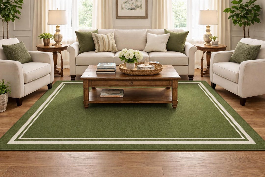 Olive Green Rug | Modern Bordered Wool Carpet | Hand Tufted Area Rug ...