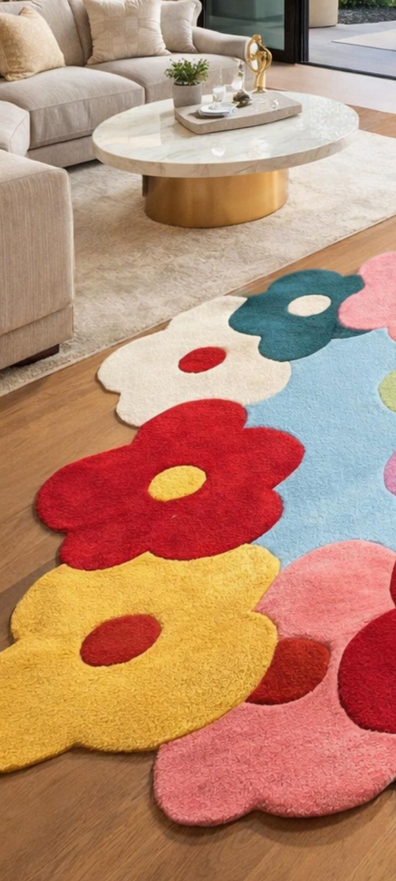 Hand Tufted Wool Rug, Colorful Flower Shape Carpet, Funky Retro 70s ...