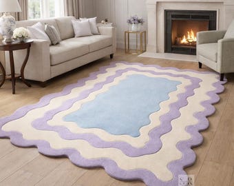 Ausgebogter gewellter Teppich | Handgemachter getufteter Wollteppich | Lila Creme Blauer Teppich | 15x20 20x30 Großer Teppich | Modernes ästhetisches Dekor | Benutzerdefinierte Teppich