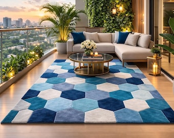 Blue Hexagon Rug | Hand Tufted Wool Carpet | 3D Geometric Area Rug | Modern Living Room Decor | Custom Honeycomb Rug | Blue Ombre Floor Mat